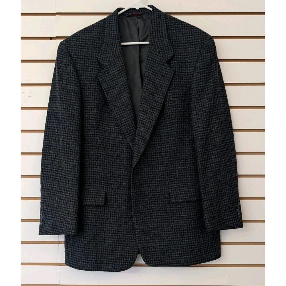 Vintage Hart Schaffner & Marx Mens 41R Virgin Wool Blazer Gray Green Houndstooth
